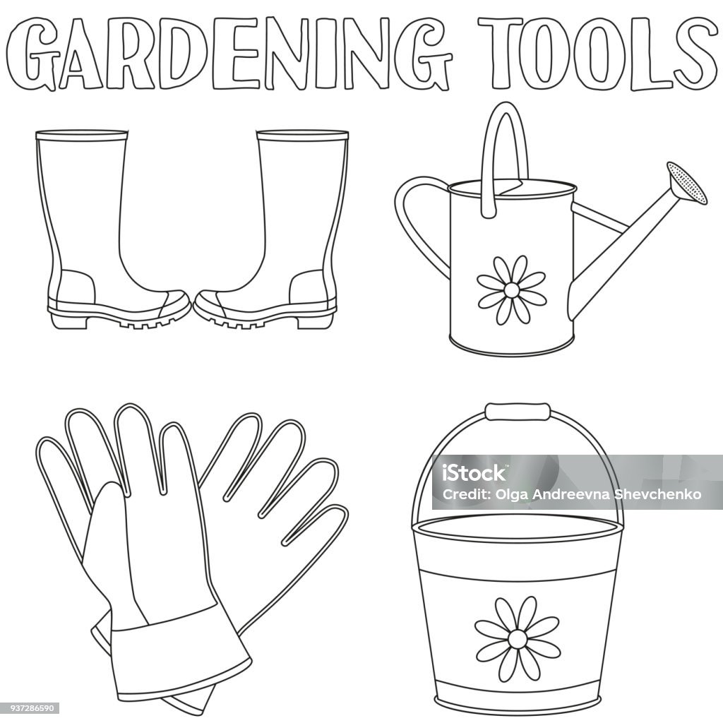 Black and white garden watering 4 elements set. Black and white garden watering 4 elements set. Coloring book page for adults and kids. Gardening tool vector illustration for gift card certificate sticker, label, icon, poster, patch, invitation Line Art stock vector