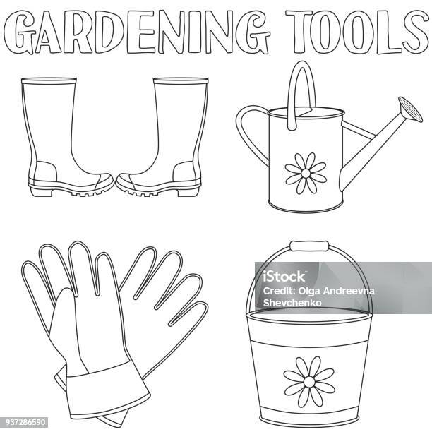 Black And White Garden Watering 4 Elements Set Stock Illustration - Download Image Now - Line Art, Sowing, Agriculture