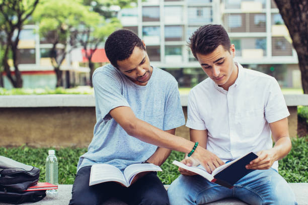 studenti maschi seri che fanno i compiti insieme - men reading outdoors book foto e immagini stock