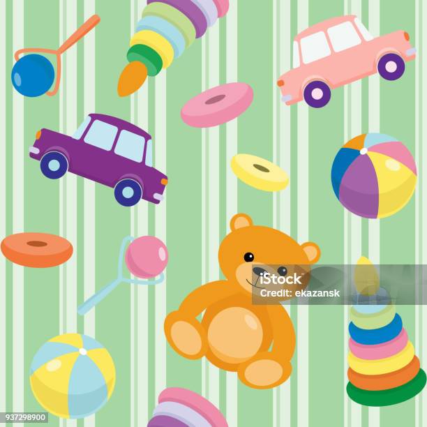 Striped Seamless Pattern With Toys Stock Illustration - Download Image Now - Backgrounds, Car, Cartoon