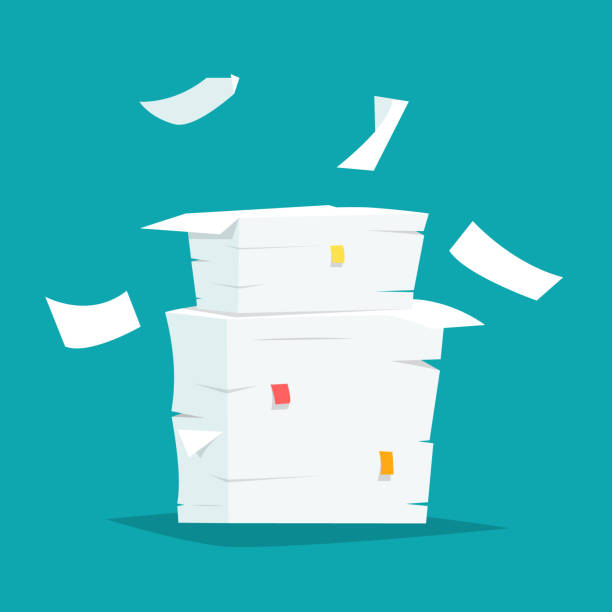 Stack of papers Stack of papers in office box. Cartoon flat style vector illustration. stack of papers stock illustrations