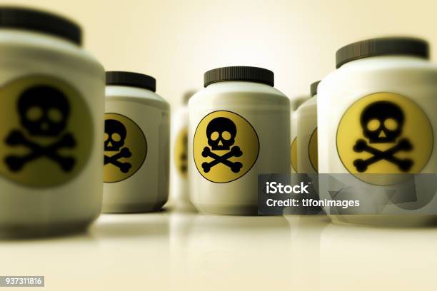 A Group Of Bottles Of Poison Stock Photo - Download Image Now - Poisonous, Bottle, Chemical