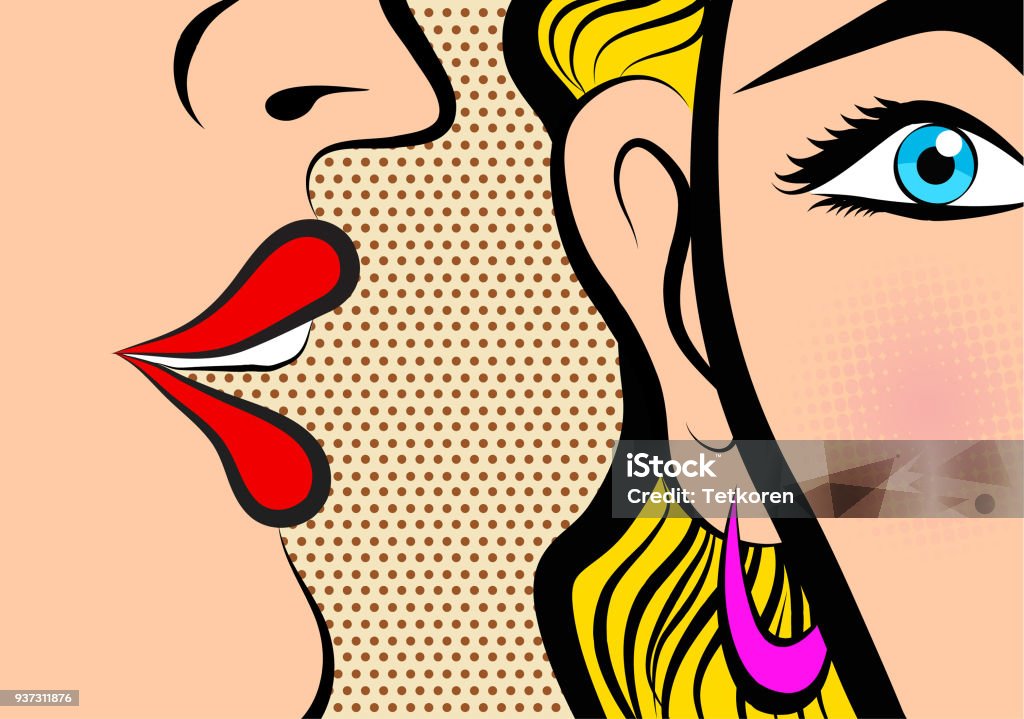 Retro Pop Art style Comic Style Book panel gossip girl whispering in ear secrets with pink cheek Retro Pop Art style Comic Style Book panel gossip girl whispering in ear secrets with pink cheek, rumor, word-of-mouth concept vector illustration Pop Art stock vector