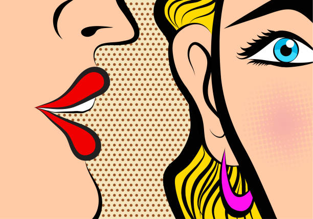 Retro Pop Art style Comic Style Book panel gossip girl whispering in ear secrets with pink cheek Retro Pop Art style Comic Style Book panel gossip girl whispering in ear secrets with pink cheek, rumor, word-of-mouth concept vector illustration funny ear stock illustrations