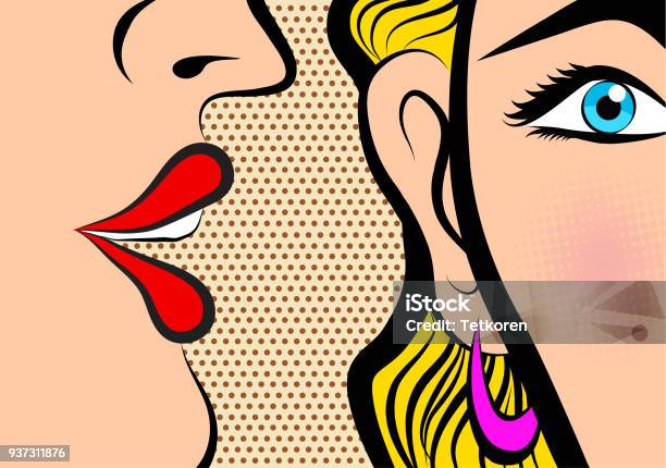 Retro Pop Art Style Comic Style Book Panel Gossip Girl Whispering In Ear Secrets With Pink Cheek Stock Illustration - Download Image Now
