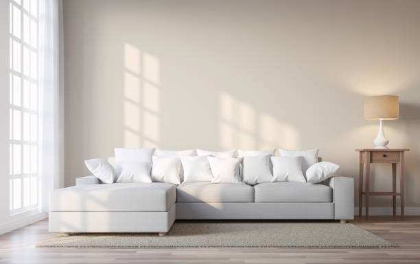 ruang tamu bergaya vintage dengan warna krem dinding 3d render - sinar matahari sofa potret stok, foto, & gambar bebas royalti