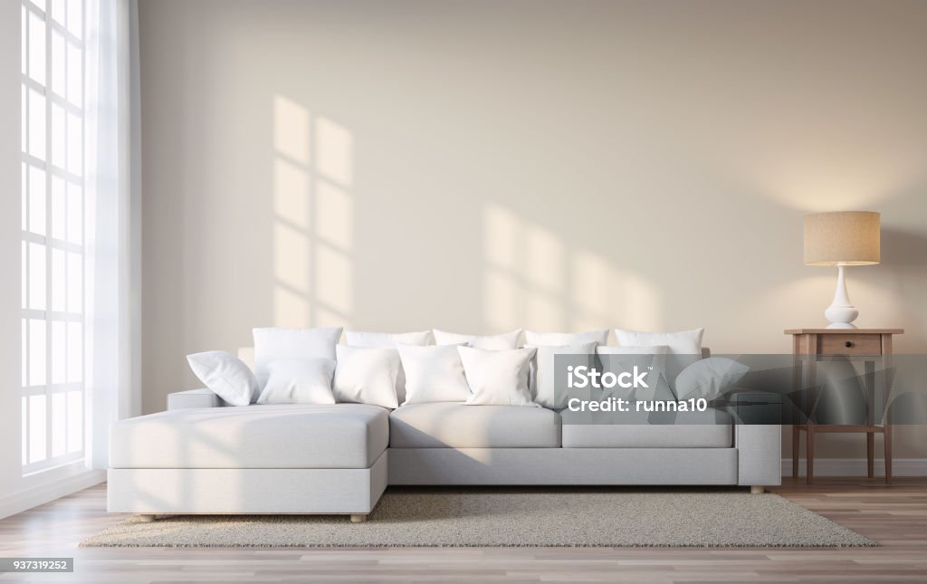 Vintage style living room with beige color wall 3d render Vintage style living room with beige color wall 3d render.The Rooms have wooden floors and light brown walls.Furnished with white and wood furniture. There are white window overlooking to outside. Living Room Stock Photo