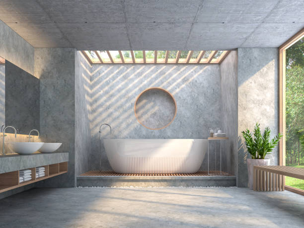 nowoczesna łazienka w stylu loftu z polerowanym betonem 3d render - bathroom contemporary sparse bathtub zdjęcia i obrazy z banku zdjęć