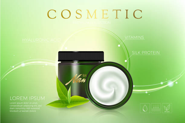 ilustraciones, imágenes clip art, dibujos animados e iconos de stock de cartel de productos cosméticos por catálogo, revista de publicidad. diseño vectorial de paquete cosmético. hidratante crema, gel, crema corporal con extracto de té verde. - healthy eating backgrounds freshness luxury