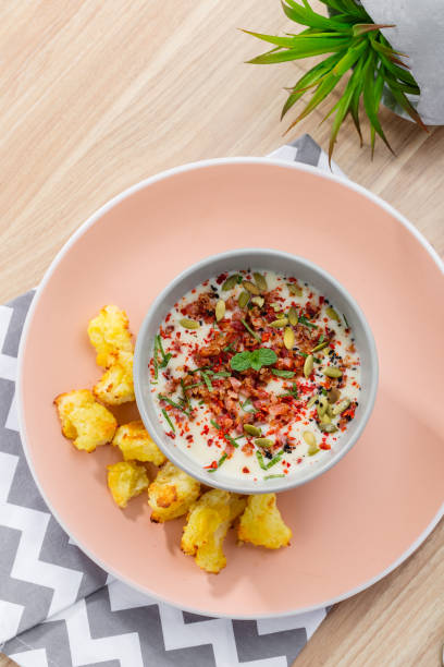istock Top view of Vegetable cream soup (veloute) with croutons 937326092