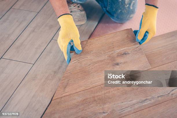Professional Installation Of Floor Covering The Worker Quickly And Qualitatively Mounts A Laminate Board Stock Photo - Download Image Now