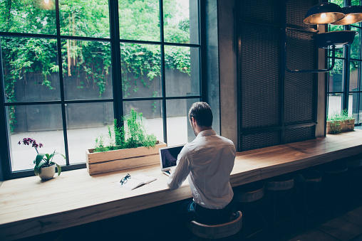 Rear view of a journalist stylish guy writing a story in a workplace in loft styled coworking, well dressed, sitting near window with view of garden