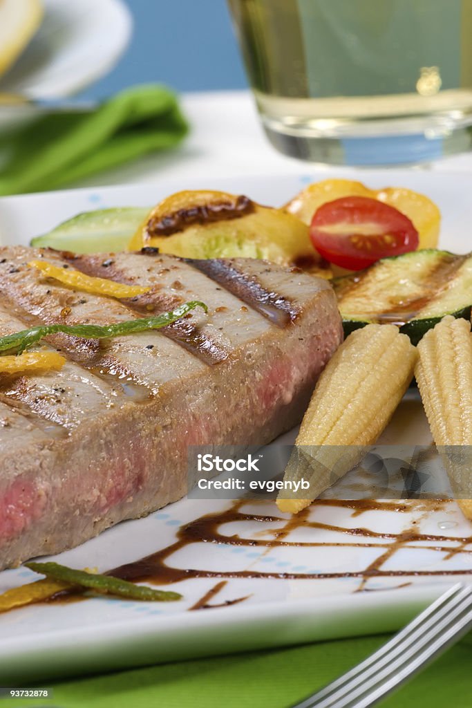 Grilled tuna steak  Baby Corn Stock Photo