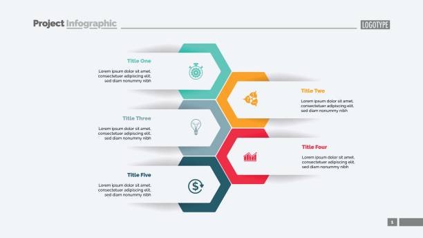 Five Options Plan Slide Template Five options process chart slide template. Business data. Workflow, visualization. Creative concept for infographic, presentation, report. For topics like research, strategy, consulting. 5 infographics stock illustrations