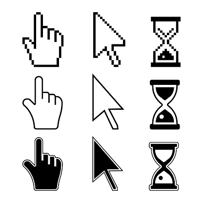 Set of desktop computer mouse icons. Hand and arrow pointers. Hourglass sign