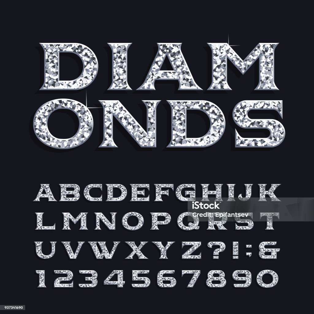 Letra de alfabeto de diamante. De lujo biselado serif Letras y números. - arte vectorial de Diamante libre de derechos