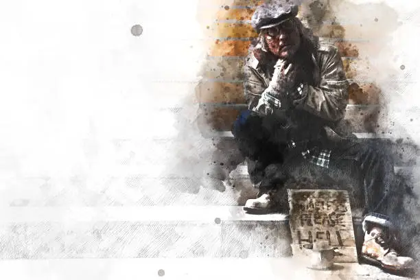 Homeless man on walkway street on watercolor painting background.