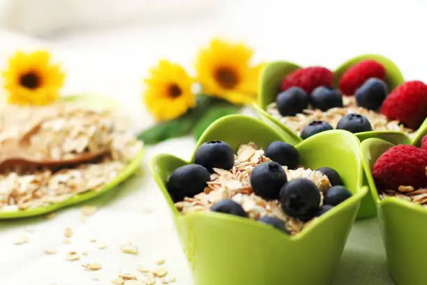 Oatmeal with fresh fruits. Dietary food. Weight control.