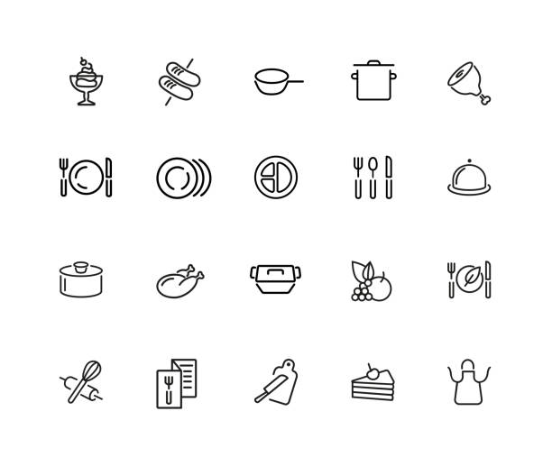 Cooking icon set Cooking icons. Set of twenty line icons. Plate, saucepan, menu. Food preparation concept. Vector illustration can be used for topics like restaurant, food serving size stock illustrations