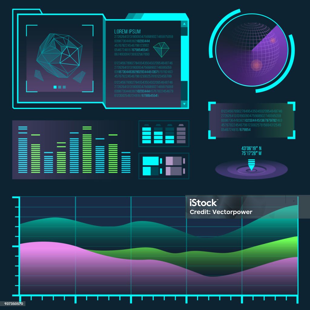 Interface futuriste espace motion graphique infographie jeu et ui ux éléments hud design graphique vague bar illustration vectorielle hologramme - clipart vectoriel de Graphisme d'information libre de droits