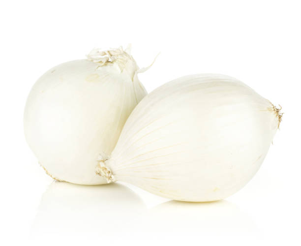 Fresh raw white onion isolated on white White onion two shiny pearls isolated on white background papery stock pictures, royalty-free photos & images