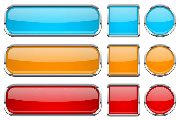 стеклянные кнопки с хромированной рамой. набор цветных блестящих 3d веб-иконок. красный, оранжевый и синий - ellipse chrome banner sign stock illustrations