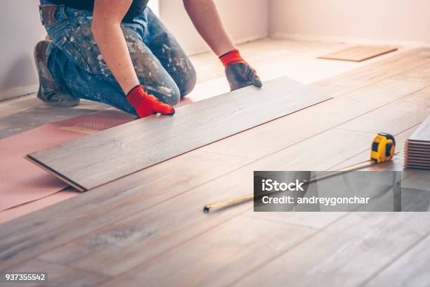 Worker Professionally Installs Floor Boards Stock Photo - Download Image Now - Flooring, Installing, Parquet Floor
