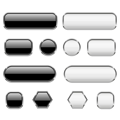 White and black buttons. Glass 3d icons with chrome frame. Vector illustration isolated on white background