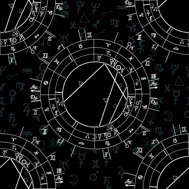 illustrazioni stock, clip art, cartoni animati e icone di tendenza di modello senza soluzione di continuità grafico astrologico natalele, segni zodiacali. illustrazione vettoriale - fortune telling astrology sign wheel sun