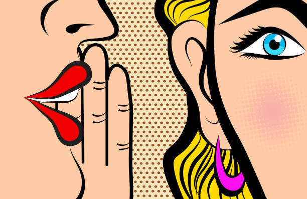 Retro Pop Art style Comic Style Book panel gossip girl whispering in ear secrets with pink cheek Retro Pop Art style Comic Style Book panel gossip girl whispering in ear secrets with pink cheek, rumor, word-of-mouth concept vector illustration confidential illustrations stock illustrations