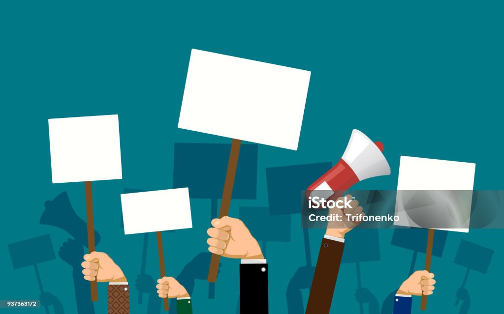 People hold banners and posters in their hands People hold banners and posters in their hands. Pickets and demonstrations. Strike of workers. Stock vector illustration. Strike - Protest Action stock vector