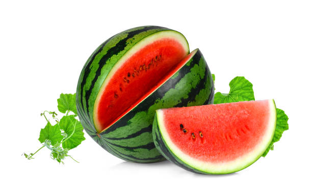 istock whole and slices watermelon with green leaves isolated on white background 937363716