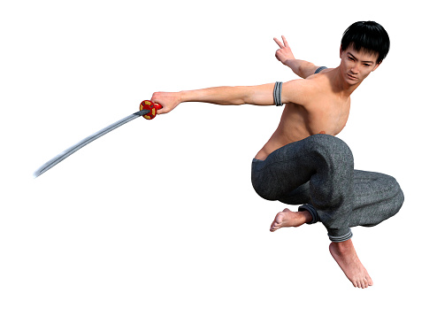 3D rendering of a fighting monk holding a sword isolated on white background
