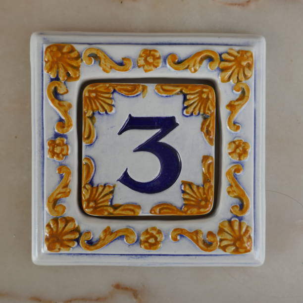 Number 3, portuguese or spanish ceramic tiles, azulejos, with digits for house- or room number signs Portuguese ceramic tiles, Azulejos, with digits for house- or room number signs. ceramic tile house numbers stock pictures, royalty-free photos & images