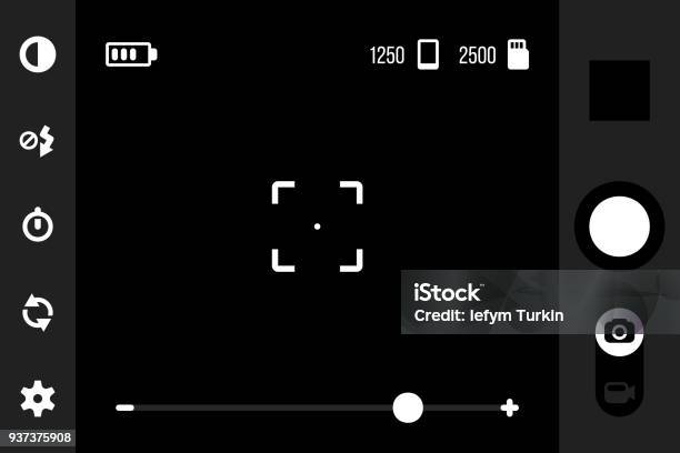 モバイル カメラ アプリ Uiファインダー ショットギャラリーコントラストフラッシュタイマー設定カメラのスイッチャー写真またはビデオのボタンを持つスマート フォン Cam アプリケーションに対するインターフェイスベクトル テンプレート - モバイルアプリのベクターアート素材や画像を多数ご用意