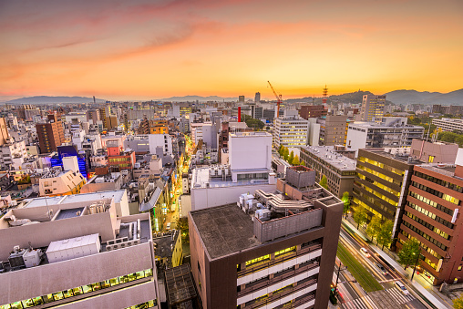 Kumamoto City, Japan downtown skyline from above at dusk.