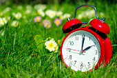 Symbolic alarm clock sitting in a flowerbed for time change to daylight saving time