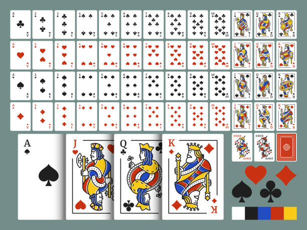 ilustrações, clipart, desenhos animados e ícones de pacote de cartas de baralho para poker. original completo baralho de cartas no estilo de arte moderna linha. baralho de 54 cartas. conjunto de vetores. - suit