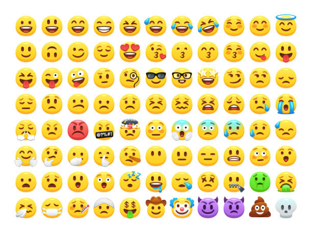 lucu kartun emoji kuning dan emosi koleksi ikon. suasana hati dan ikon emosi wajah. menangis, tersenyum, tertawa, gembira, sedih, marah dan bahagia, emoticon vektor set. - emotikon ilustrasi stok