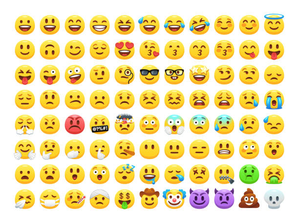 재미 있는 만화 노란색 감정과 emoji 아이콘 컬렉션입니다. 기분 및 감정 아이콘입니다. 울음, 미소, 웃음, 행복, 슬픔, 분노 하 고 행복 한 얼굴, 이모티콘 벡터 집합. - 미소 이미지 stock illustrations