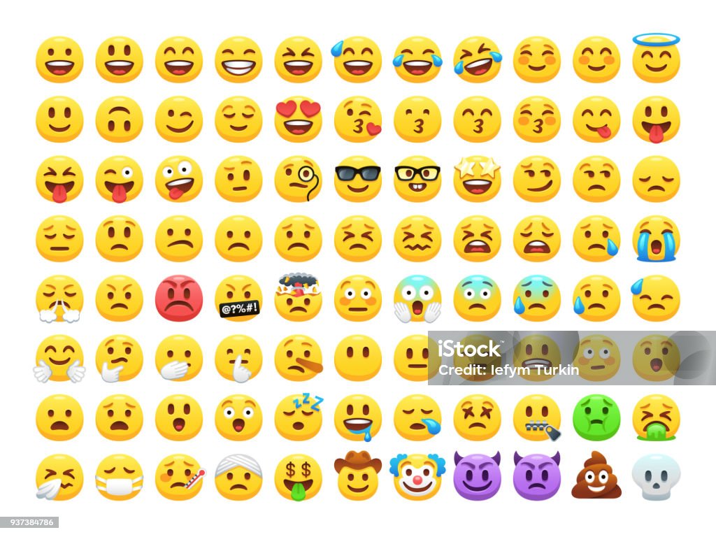 Funny cartoon yellow emoji and emotions icon collection. Mood and facial emotion icons. Crying, smile, laughing, joyful, sad, angry and happy faces, emoticons vector set. Set of cartoon vector emoticons isolated on white background. Emoticon stock vector