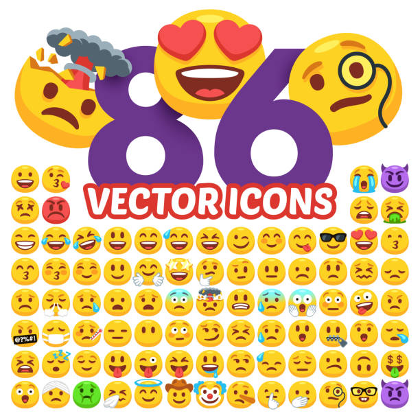 Set of vector emoticons. 86 Emoji pack in cartoon flat style. Emotion icons collection vector illustration isolated on white background. vector art illustration