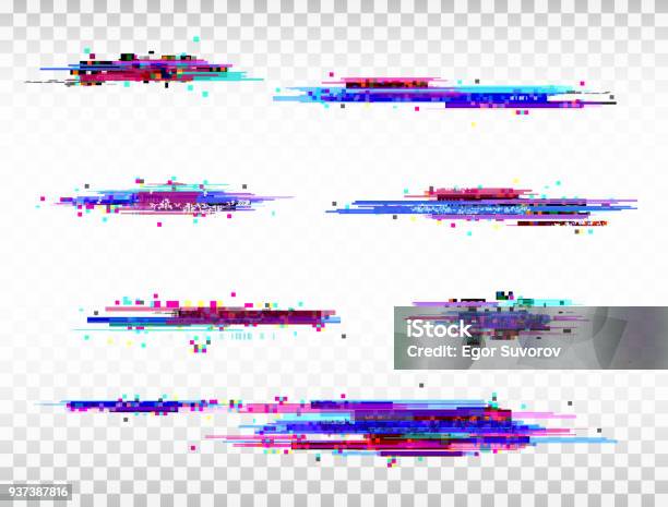 Glitch Color Elements Set Digital Noise Abstract Design Color Pixel Glitch Modern Bug Effect Noise Texture Vector Illustration Stock Illustration - Download Image Now
