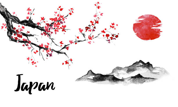 japan traditionell sumi-e malerei. sakura kirschblüte. berg und sonnenuntergang. tusche-abbildung. japanische bild. - japan nautical vessel sakura tokyo prefecture stock-grafiken, -clipart, -cartoons und -symbole