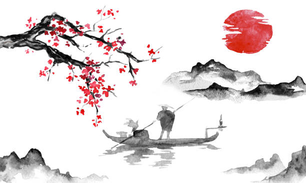 Japan traditional sumi-e painting. Indian ink illustration. Man and boat. Mountain landscape with sakura. Sunset, dusk. Japanese picture. vector art illustration