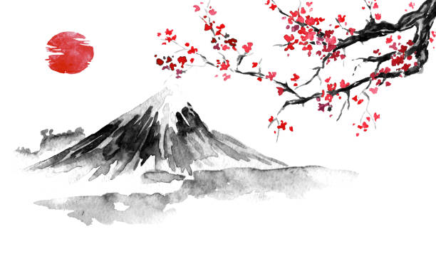 japan traditionell sumi-e malerei. berg fuji, sakura, sonnenuntergang. japan-sonne. tusche-abbildung. japanische bild. - sakura stock-grafiken, -clipart, -cartoons und -symbole