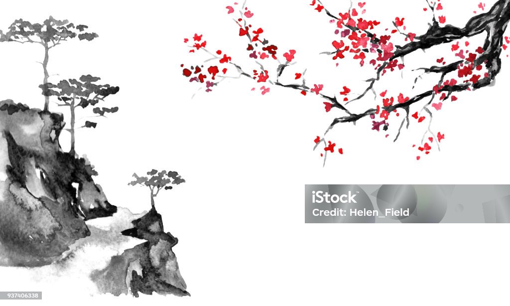 Pittura sumi-e tradizionale giapponese. Illustrazione a inchiostro indiano. Immagine giapponese. Sakura e montagne - Illustrazione stock royalty-free di Giappone