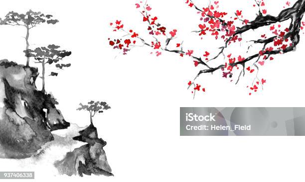 Pittura Sumie Tradizionale Giapponese Illustrazione A Inchiostro Indiano Immagine Giapponese Sakura E Montagne - Immagini vettoriali stock e altre immagini di Giappone