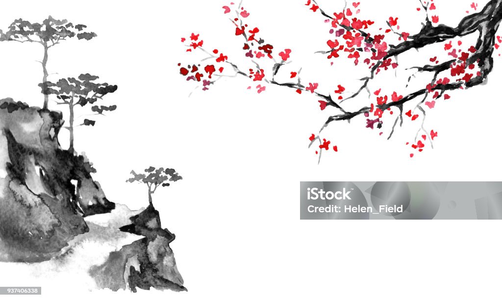 Pintura de sumi-e tradicionais de Japão. Ilustração de tinta. Imagens japonesas. Sakura e montanhas - Ilustração de Japão royalty-free