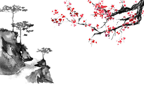 Japan traditional sumi-e painting. Indian ink illustration. Japanese picture. Sakura and mountains Japan traditional sumi-e painting. Indian ink illustration. Japanese picture. spring flower mountain landscape stock illustrations